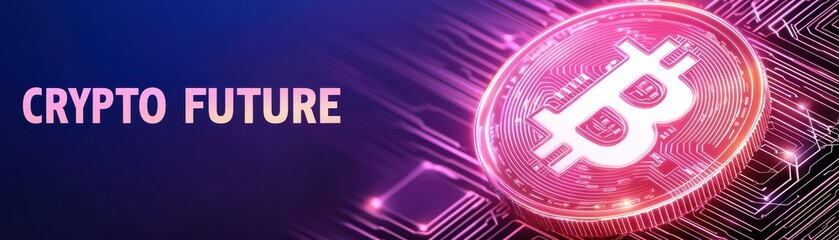 Poster - Vibrant Neon Cryptocurrency Concept with Glowing Bitcoin Symbol in Futuristic Digital Background