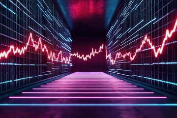 Poster - Dynamic Financial Data Visualization Concept with Neon Graph and Bold Lines in a Dark Space
