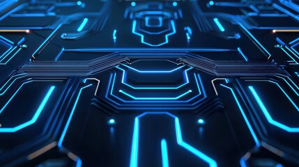 Poster - Futuristic Circuit Board Texture with Blue Neon Lights and High-Tech Design Elements