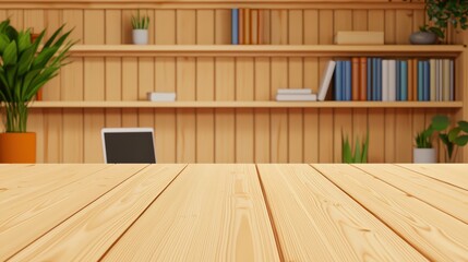 Poster - Stylish Wooden Table in Modern Home Office with Bookshelf and Green Plants Background