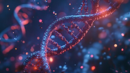 Poster - Close-up view of a vibrant DNA double helix structure illuminated with colorful particles, set against a dark background, symbolizing genetic research