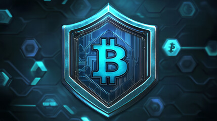 Poster - Bitcoin digital currency symbol on shield with electronic circuit, representing secure cryptocurrency investment and protection against online threats