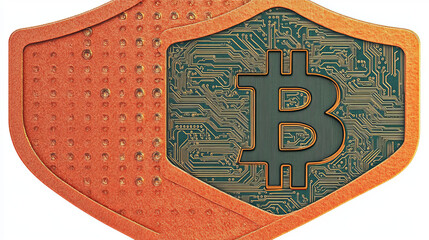Poster - Bitcoin digital currency symbol on shield with electronic circuit, representing secure cryptocurrency investment and protection against online threats