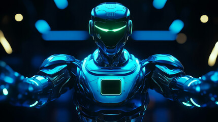 Poster - Blue robot standing with glowing green eyes and a screen on its chest, arms extended wide, embodying the concepts of artificial intelligence, automation, and futuristic technology