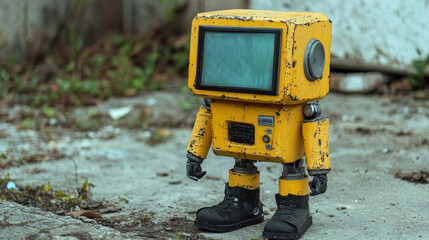 Poster - Yellow friendly robot standing with a screen on its chest and black boots, featuring a minimalist flat design style, isolated on a white background for technology projects