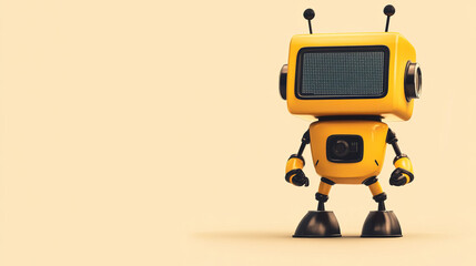 Poster - Yellow friendly robot standing with a screen on its chest and black boots, featuring a minimalist flat design style, isolated on a white background for technology projects