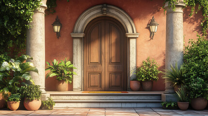  House front entrance. Building door architecture with arches, columns, flower pots, lamp, doorstep and mat. Facade wall exterior  set. Illustration entrance building, exterior of entry front
