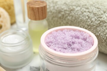 Wall Mural - different body care products on table, closeup