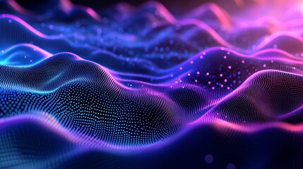 Poster - Abstract Purple Blue Digital Wave Background Futuristic Technology Particle Design Modern Elegant Vibrant Glowing Neon Light Shiny Dark Space Sci Fi  