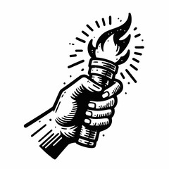 Wall Mural - hand holding torch flame in black and white vector illustration