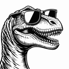 Wall Mural - cool dinosaur with sunglasses head vector illustration in black and white detailed line art