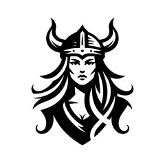 Wall Mural - black and white vector graphic of a woman viking with horned helmet and long hair