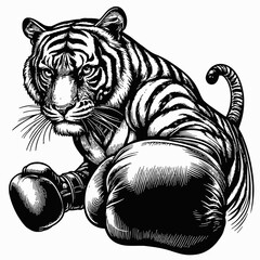 Wall Mural - illustration of a tiger wearing boxing gloves in detailed black and white engraving style