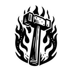 Wall Mural - illustration of hammer with flames in black and white vector isolated on white background