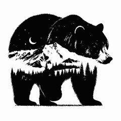 Wall Mural - bear silhouette with night sky and mountain landscape vector illustration black and white