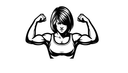 Wall Mural - strong woman flexing muscles illustration in detailed black and white graphics