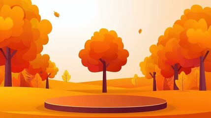 Fototapete - A  round podium set against a vibrant autumn scene, perfect for showcasing products or great presentations.