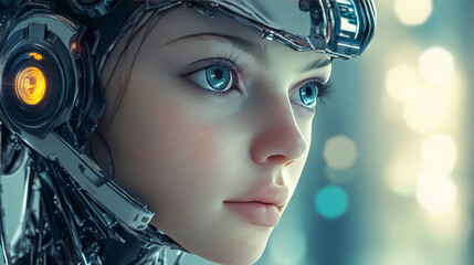 Poster - Artificial intelligence development. Cyborg manufacturing, robotics future and bionic robot. Futuristic clever artificial intelligence bot development 3d isometric vector illustration