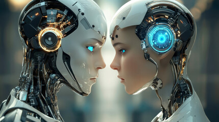 Poster - Artificial intelligence development. Cyborg manufacturing, robotics future and bionic robot. Futuristic clever artificial intelligence bot development 3d isometric vector illustration