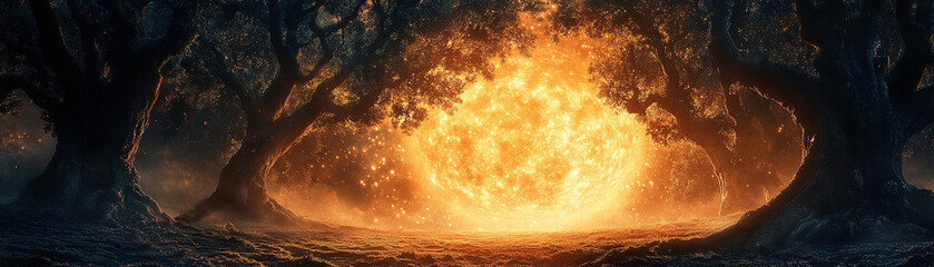 Wall Mural - Igniting the night celestial fireball emerges from mystical forest digital art enchanting atmosphere dramatic perspective