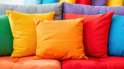Fototapete - A stylish bright sofa with cushions creates a cozy vibe in a modern living room, perfect for showcasing products.