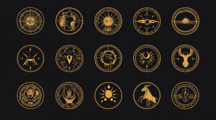 zodiac mystic signs. astrology horoscope circle symbols, mystical lunar esoteric icons for calendar 