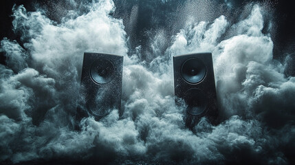 Poster - Dynamic sound waves erupting from speakers studio setting visual art dramatic close-up audio concept