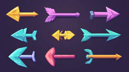 Poster - Game arrows asset. Cartoon cursors and pointers interface elements, arrows of different shapes materials and colors sprite collection for game user interface. Illustration of pointer ui graphic