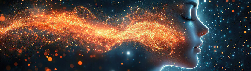 Poster - Captivating visualization of energy flow through a woman's profile cosmic environment digital art portrait imagination