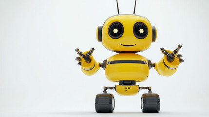 Poster - Friendly yellow robot is standing on wheels, with its claws open and an antenna on its head, suggesting advanced technology and playful automation