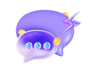 Poster - 3D speech bubbles with gold coins and a sparkling lightning bolt. Suitable for chats, messengers, bots, and digital communication.