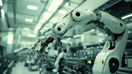 Poster - Flat auto robots factory. Electronic assembly of bot or machine operator arm or auto robot hand, industrial technology manufacture mechanic device equipment  illustration