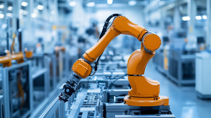 Poster - Orange robotic arm works efficiently in a high tech factory, showcasing advanced automation and innovative technology