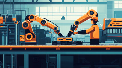 Poster - Isometric robotic factory. Engineer operates robotic conveyor, automatic robot arm and industrial manufacture. Robot ai steel arms construction, industry factory worker  illustration