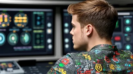 Young Man Focused on Technological Interface