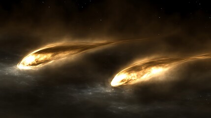 Poster - Two celestial cometary objects travel through a dark cosmic nebula