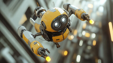 Poster - Yellow and gray friendly robot with a camera and claw arms, flying and hovering with rocket boosters, embodying the concept of artificial intelligence and futuristic technology