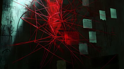 Wall Mural - Hidden thread: an intricate web of red string connects various pieces of evidence in a shadowy corner. Hidden Connections. Illustration