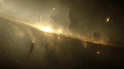 Poster - a swirling golden galaxy displays celestial objects and shimmering lights
