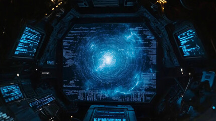 Poster - Futuristic head up display is showing progress, code information, radar and different metrics, with a dark background and glowing blue and white elements
