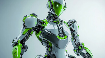 Poster - Green and grey robot standing with arms outstretched, featuring a futuristic design with intricate details, evoking themes of artificial intelligence, automation, and technological advancement