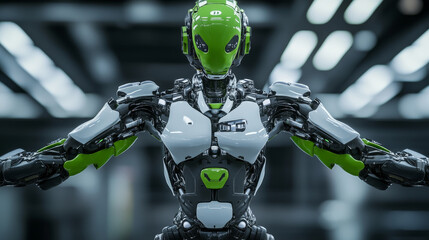 Poster - Green and grey robot standing with arms outstretched, featuring a futuristic design with intricate details, evoking themes of artificial intelligence, automation, and technological advancement
