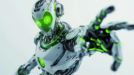 Poster - Green and grey robot standing with arms outstretched, featuring a futuristic design with intricate details, evoking themes of artificial intelligence, automation, and technological advancement