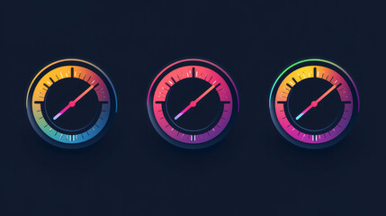 Poster - Color speedometer icons. Speed gauge symbol and download indicator. Vector isolated set. Vehicle dashboard scale, equipment for speed test. Display with arrow pointer for transport