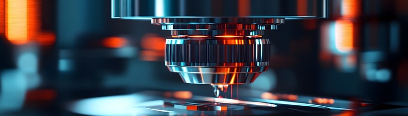 Poster - A close-up view of advanced technological equipment showcasing intricate details and vibrant lighting, emphasizing innovation and modernity in the field of science and engineering.