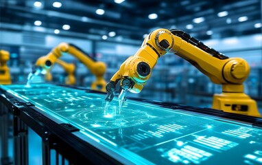 Poster - A close-up view of a robotic arm in a modern factory setting, showcasing automation technology and precision engineering, highlighting innovations in manufacturing and production p