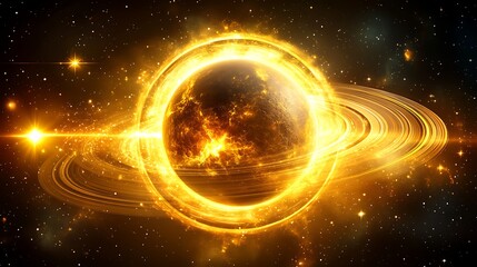 Poster - a fiery celestial object glows brightly with intricate ring structures