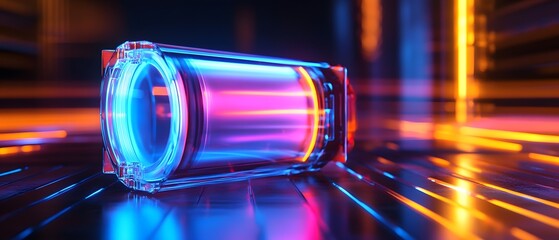 Poster - A futuristic glowing cylindrical device emits vibrant neon colors, set against a dynamic background, showcasing advanced technology and innovation.