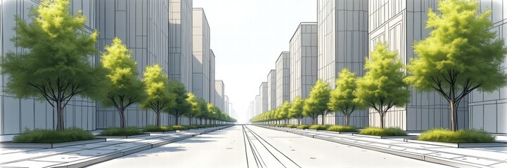 A serene urban scene featuring a tree-lined street with modern buildings, perfect for concepts of city planning, sustainability, and architecture.