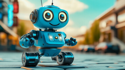 Poster - Modern blue robot with wheels, grippers and antenna is smiling happily, representing artificial intelligence, automation, and technological advancement